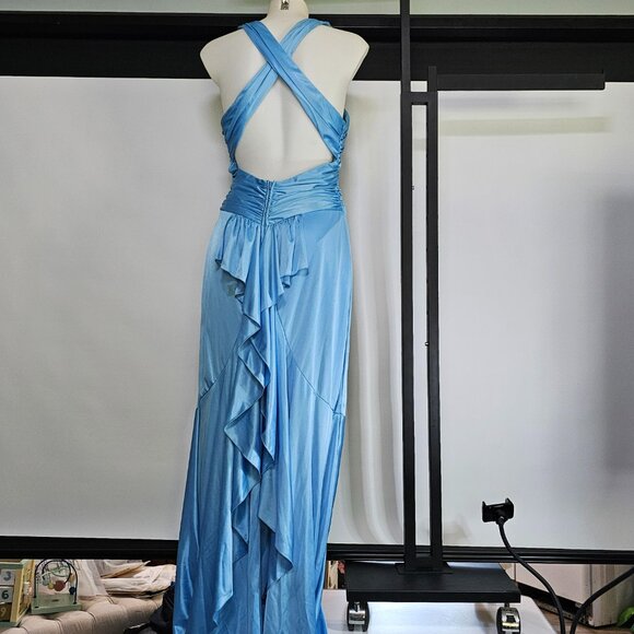 Masquerade Ice Blue Gown – Rhinestone Halter, Ruched Satin, Sheer Mermaid Hem - Picture 3 of 4